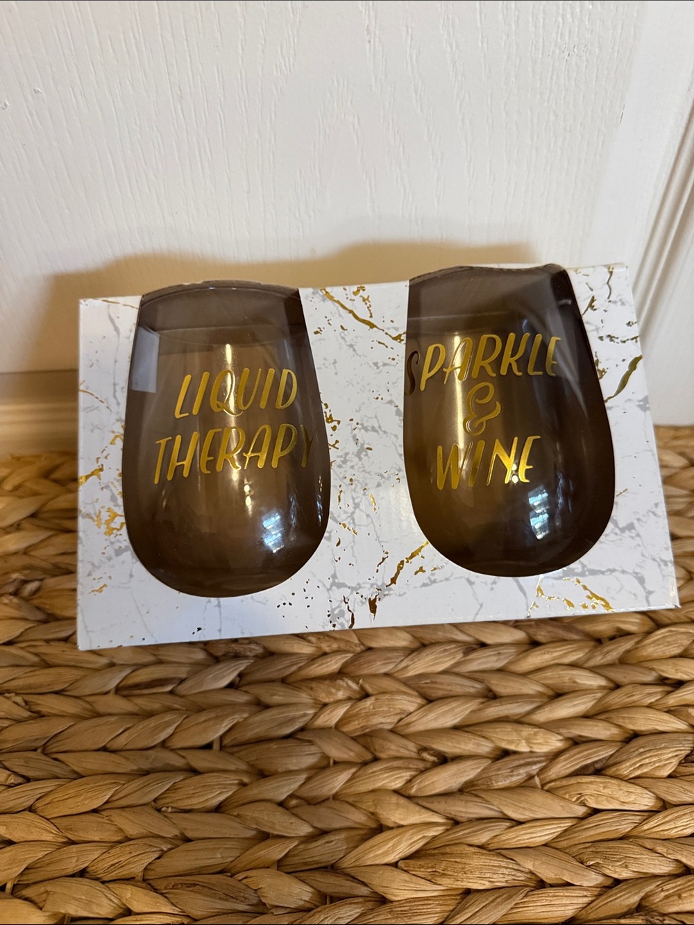 Gold Lettered Clear Stemless Wine Glasses - Set of 2 New in Box